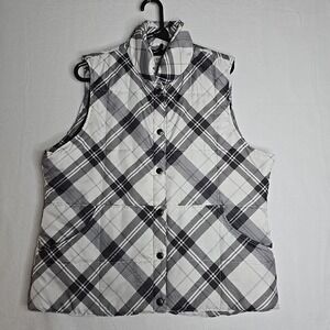 IZOD Puffer Vest Women Size XL Black White Plaid Snaps Pockets Golf Sport Active